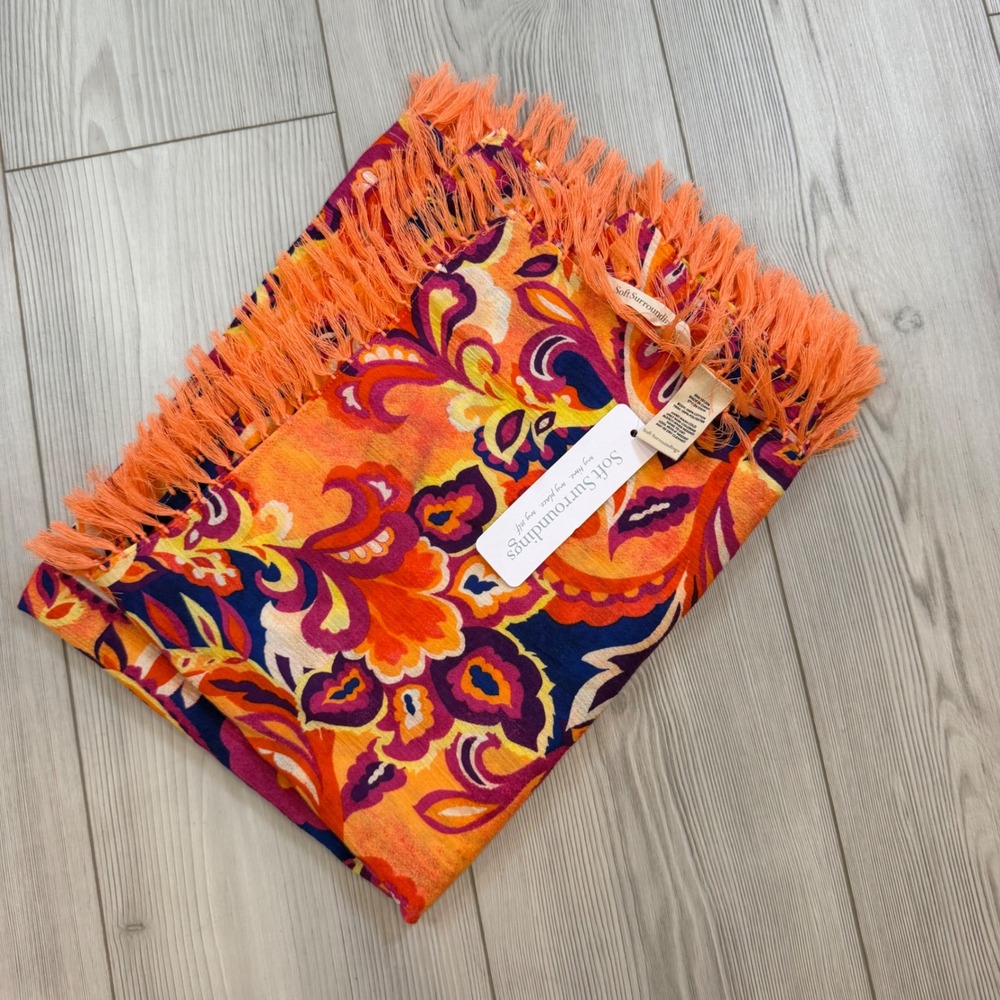 Soft Surroundings Colbie Gauze Scarf Island Sun Paisley Coral Fringe New